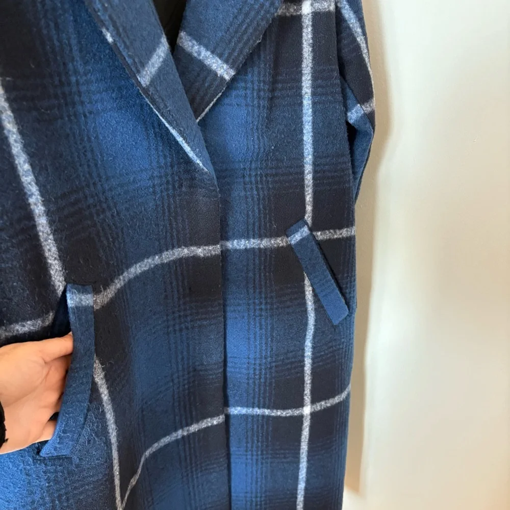 H&M Felted Oversized Coat Check Plaid Dark Blue Size M Bloggers' Favorite - Picture 9 of 15